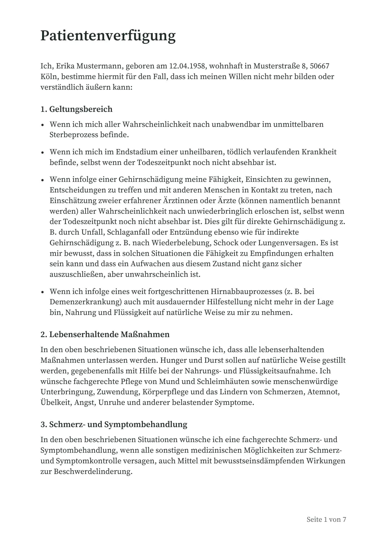 Erste Seite der Patientenverfügung von Erika Mustermann mit Geltungsbereich und Behandlungswünschen