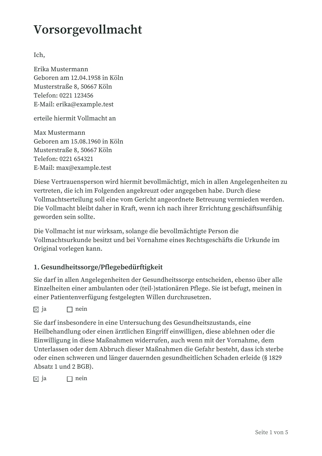 Erste Seite einer Vorsorgevollmacht für Erika Mustermann